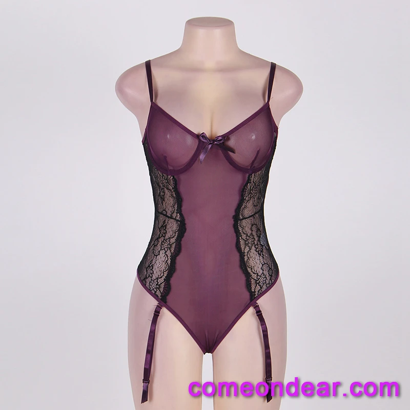 

Low MOQ With Garter Plus Size Poetical Purple Spandex Bodysuit