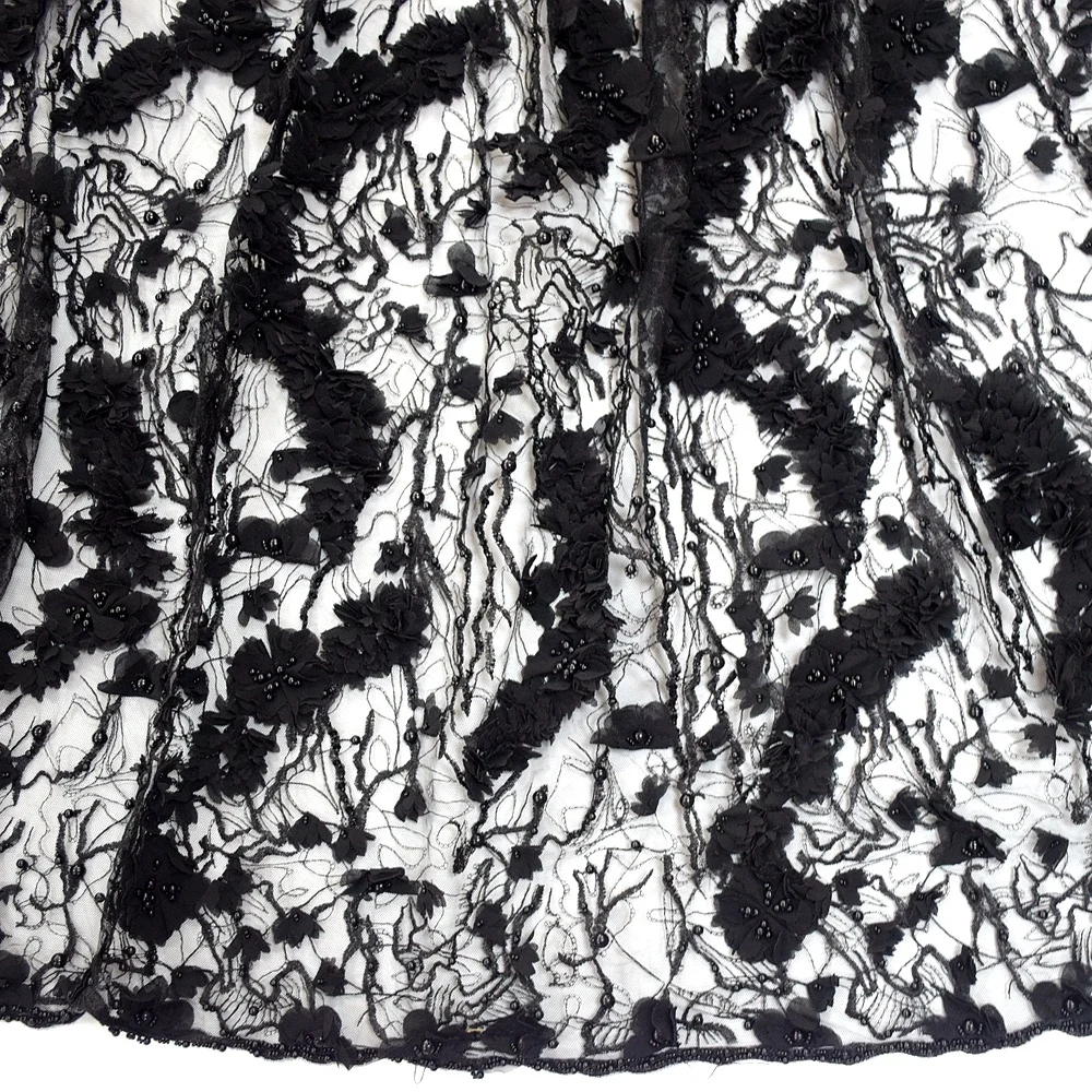 

Black tulle lace fabric fashion 3d fabric flowers african dresses lace with pearls fabric HY0953-1