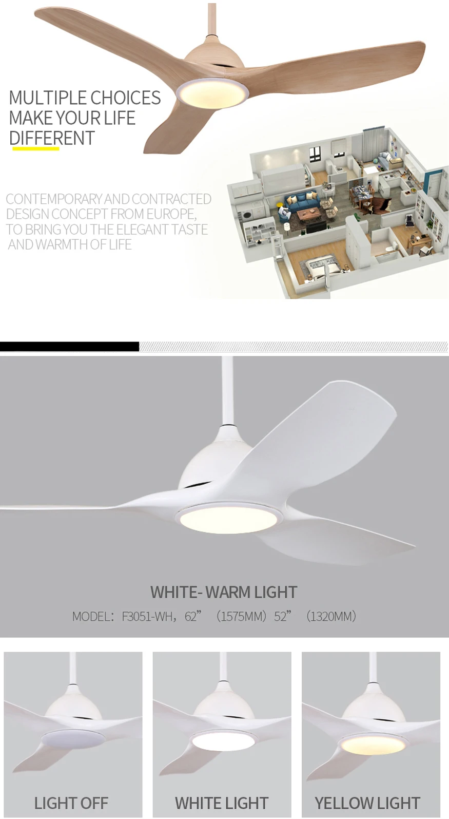 3 Wooden Blades Low Energy Ceiling Fan with 3 Color LED Light