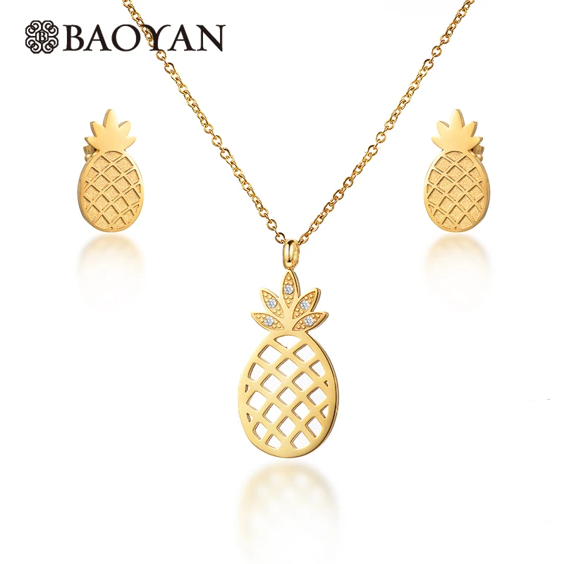 

Baoyan wholesale stainless steel jewelry cute 24K gold pineapple necklace set