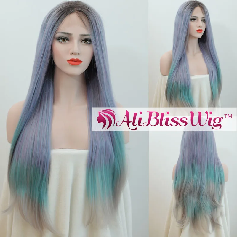 

Long Straight Heat Safe Fiber Dark Roots Four Tone Color Ombre Purple Blue Grey Middle Part Synthetic Lace Front Wig for Women