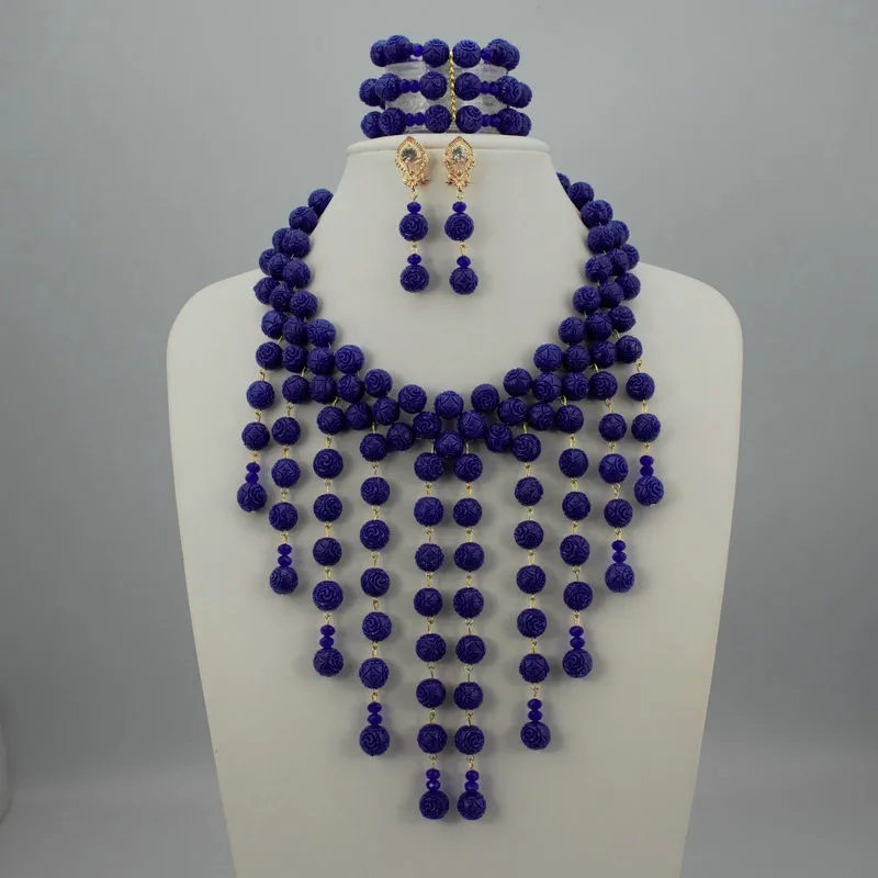 

2018 Latest African Costume Jewelry sets Beaded Royal Blue African Beads Jewelry Set New Lady Party Event Charms Jewelry Set, Picture