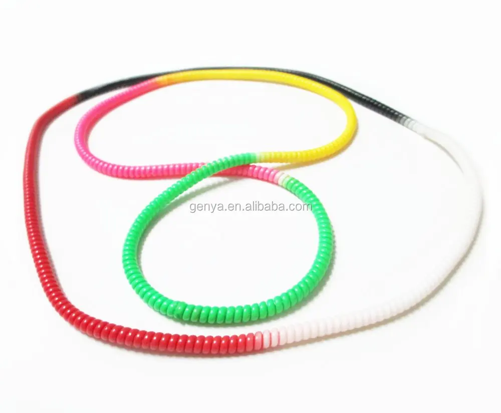 

Genya rainbow color long plastic phone lines wrapped around multiple layers of bracelets