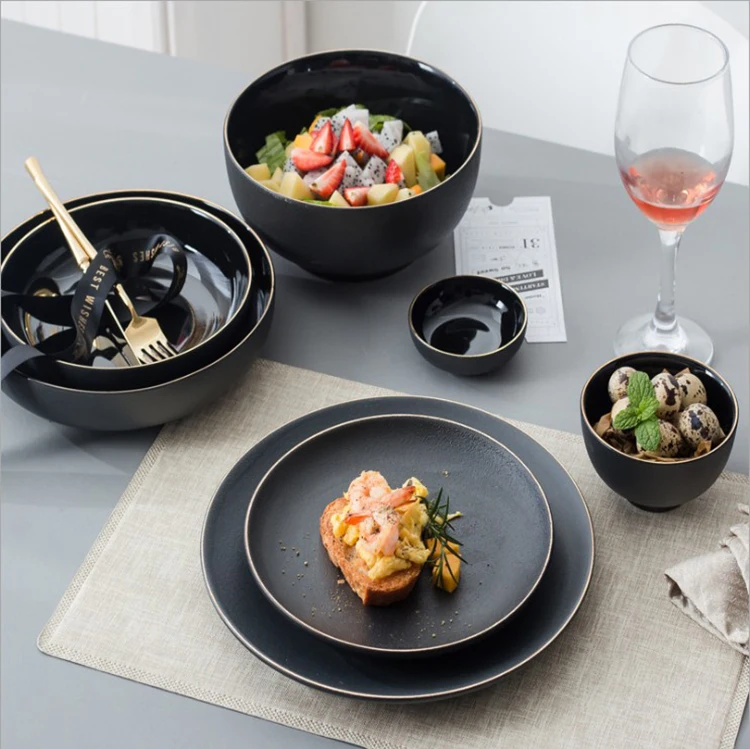 

Wholesale Ceramic black Golden Rim Flat round Steak Plate dish bowl porcelain tableware