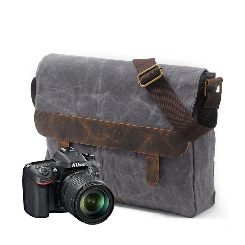 

9158ND Retro luxury canvas leather men crossbody camera bags single shoulder sling briefcase custom messenger bag