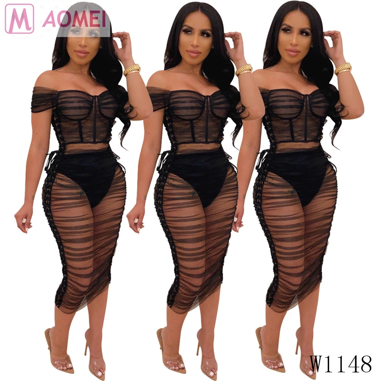 W1148 Women summer sexy off shoulder mesh see through bandage nightclub dress