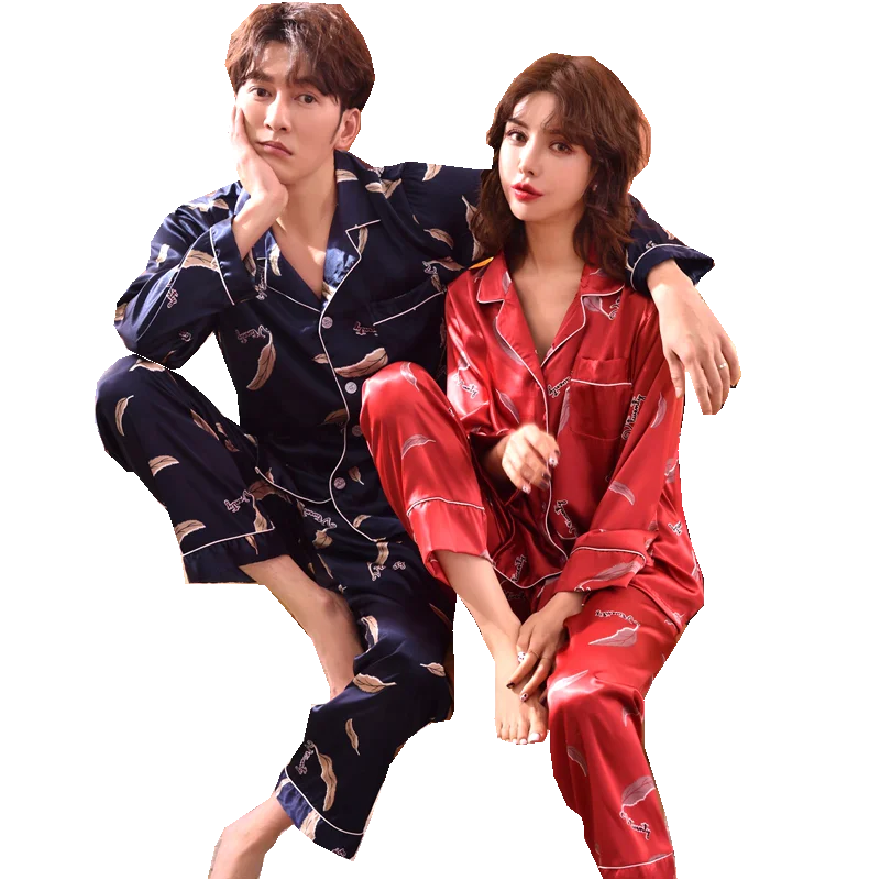 

2019 novelty silk lovers pajamas spring men's pajamas cardigan pyjamas women sleepwear long sleeve satin couple pajamas pant set
