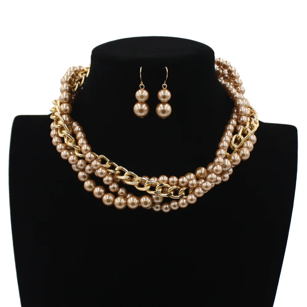 Twisted Braided Chunky Statement Multilayer Pearl Beaded Necklace Set