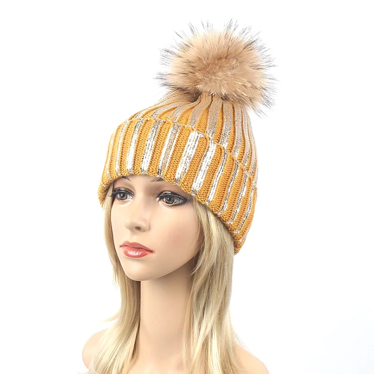 

Winter Warm Handcrafted Knit Hat Fur Pom Pom Womens Girls Custom Sequin Beanie Hat, Customized