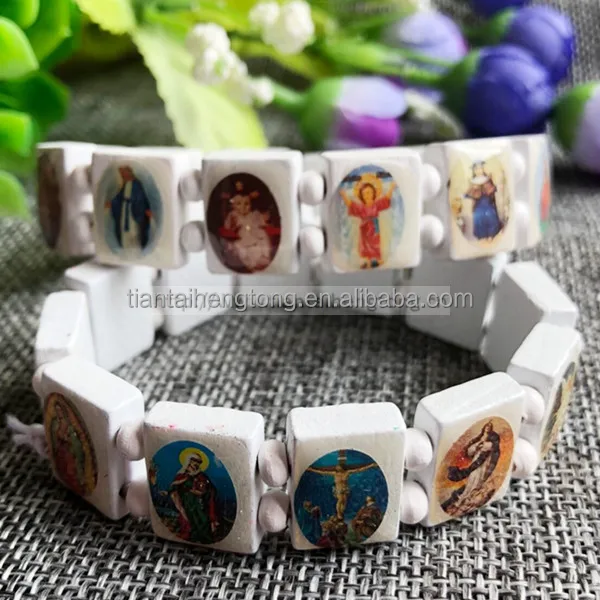 

12pcs/pack wood rosary bracelet with religious saints icon bangle white black brown mixed color available, Different available