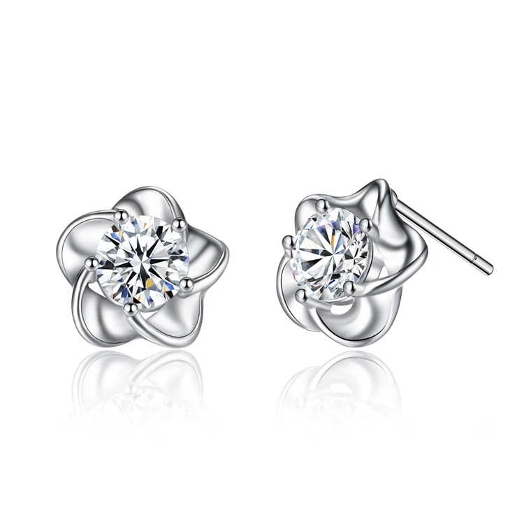 

Korea Plum Blossom Crystal Stud Earrings White Zircon Silver Plated Flower Shape Earrings for Women Jewelry Bijoux (KER120), Same as the picture