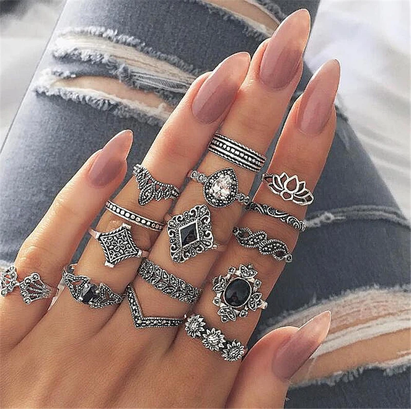 

Small Order 15pcs/Set Bohemia Antique Silver Lotus Flower Carved Black Gemstone Rings Set Knuckle Rings Women Jewelry Set