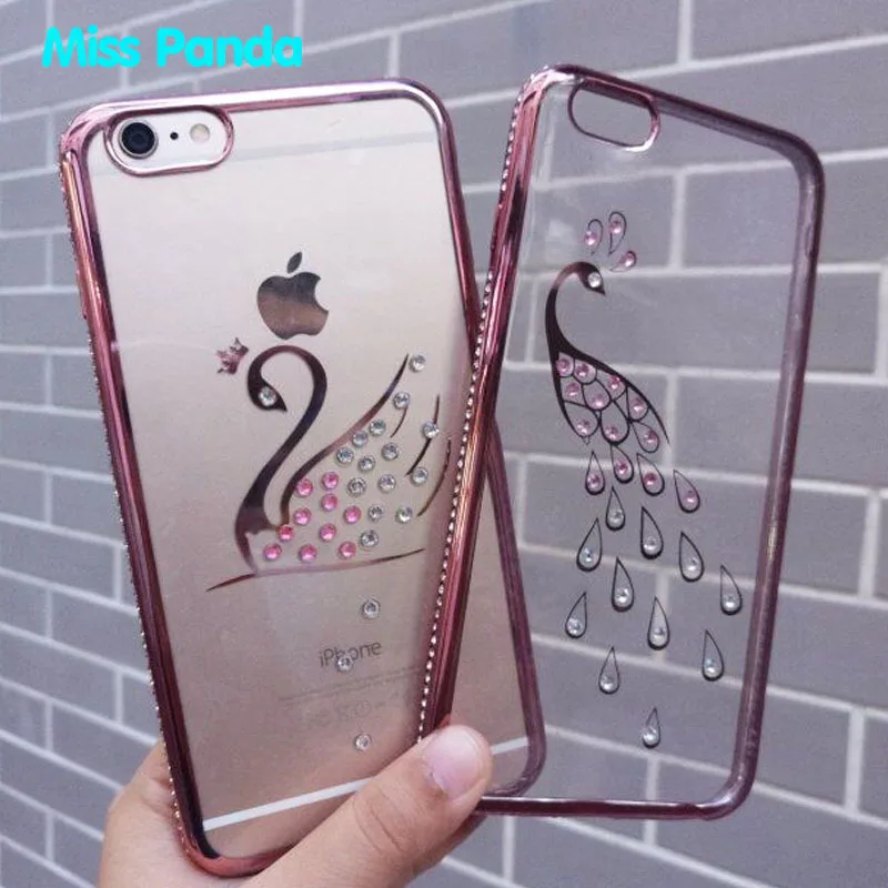 

High quality diamond chrome tpu smartphone case cover for iphone 6 6s plus 7 7p 8 8p soft cover, Swan;peacock