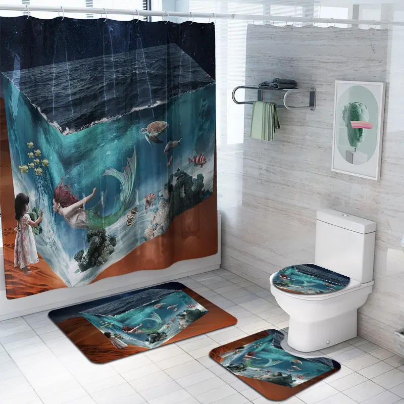 Wholesale Amazon mermaid printed 3 pcs bathroom rug mat match with shower curtain