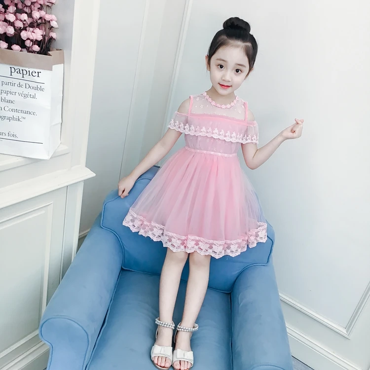 

Fancy boutique birthday solid color off-shoulder lace kid girl party dress, Picture shows