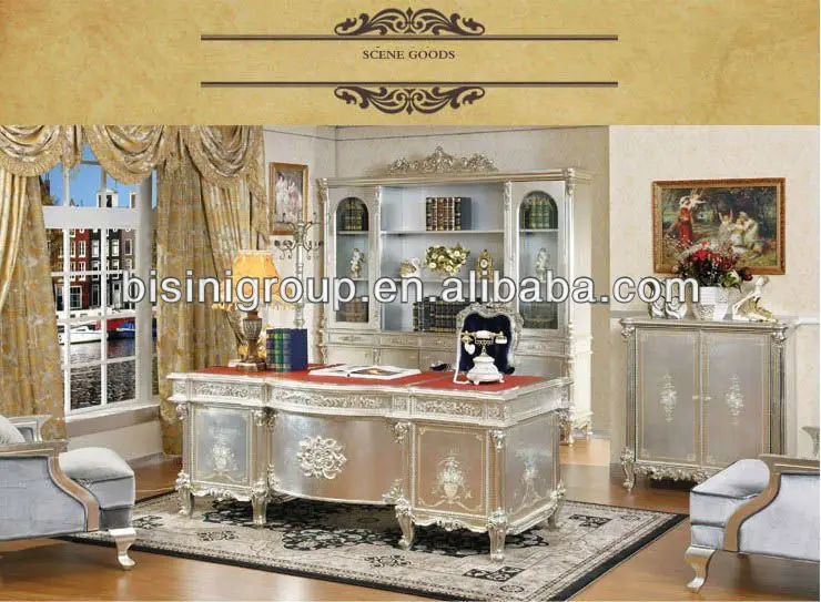 French Style Soild Wood Office Desk Set Silver Color Wooden French Style Soild Wood Office Desk Set
