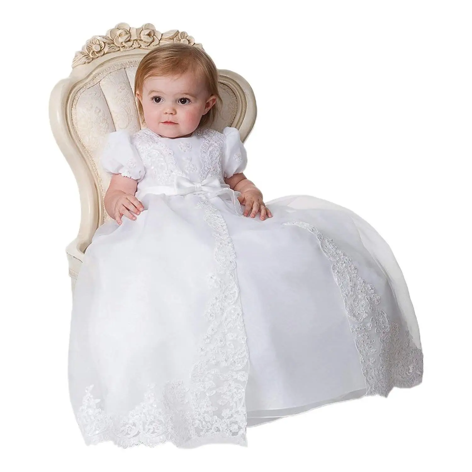 Portsvy White Long Baby Christening Gowns Tulle Baptism Formal Gowns with Applique