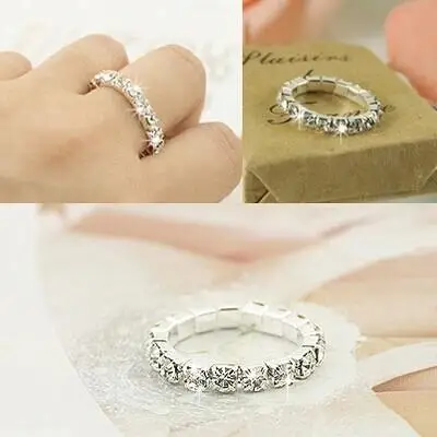Free Shipping 2015 Korean Simple Row Bright Silver Plated Elastic Imitation Diamond Rings Wholesale