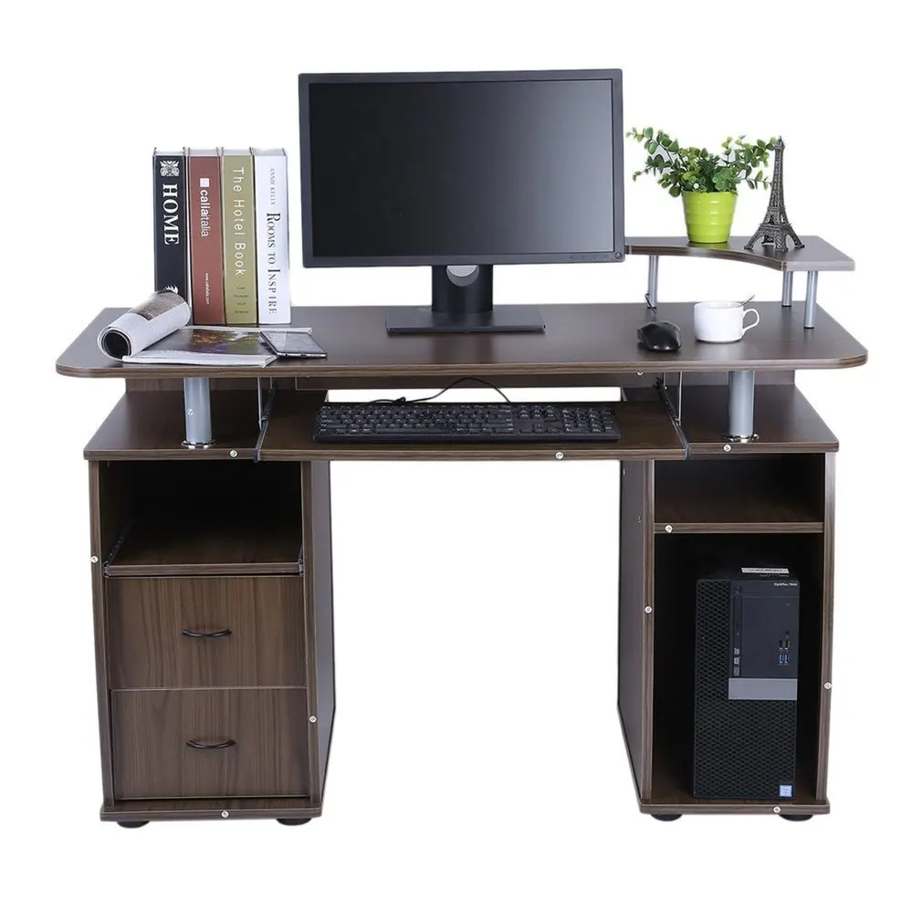 Coldcedar Contemporary Home Office Espresso Computer Desk Table with Elevated Printer Shelf, Pull-Out Keyboard Tray and 2 Drawers (Coffee,MDF)
