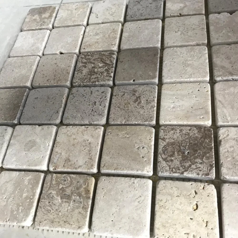 Chinese beige natural travertine stone mosaic outdoor floor mat tiles with mesh backing