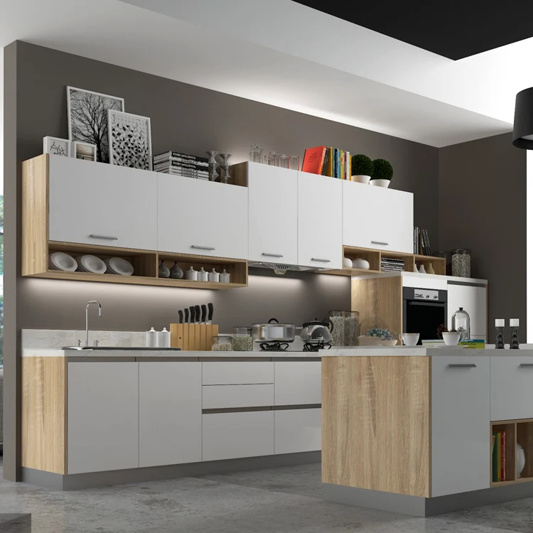 Cheap wood veneer modular prefab modern kitchen cabinets set with island