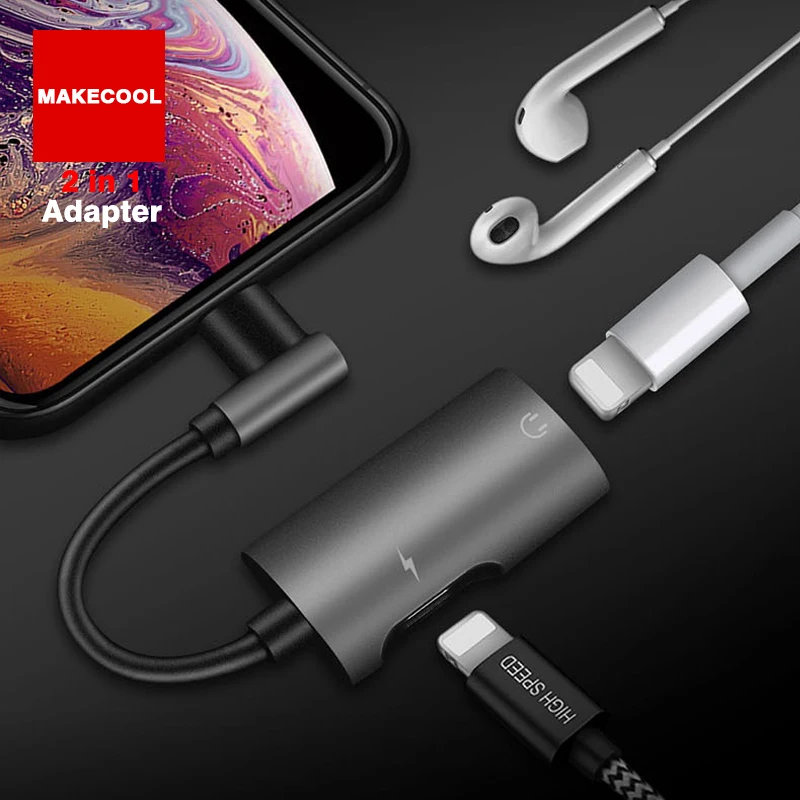 

Cartoon 2in1 Earphone Accessories Charging Cable Phone Adapters For iPhone 7 8 Plus X XR XS MAX splitter audio connector dual, Grey