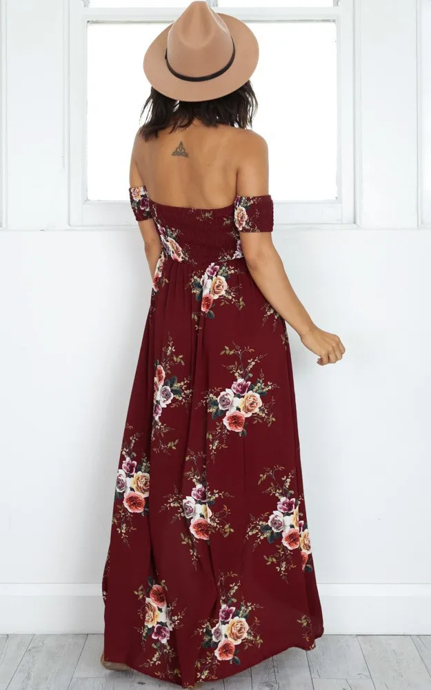 Boho style long dress women Off shoulder beach summer dresses Floral print Vintage chiffon white maxi dress