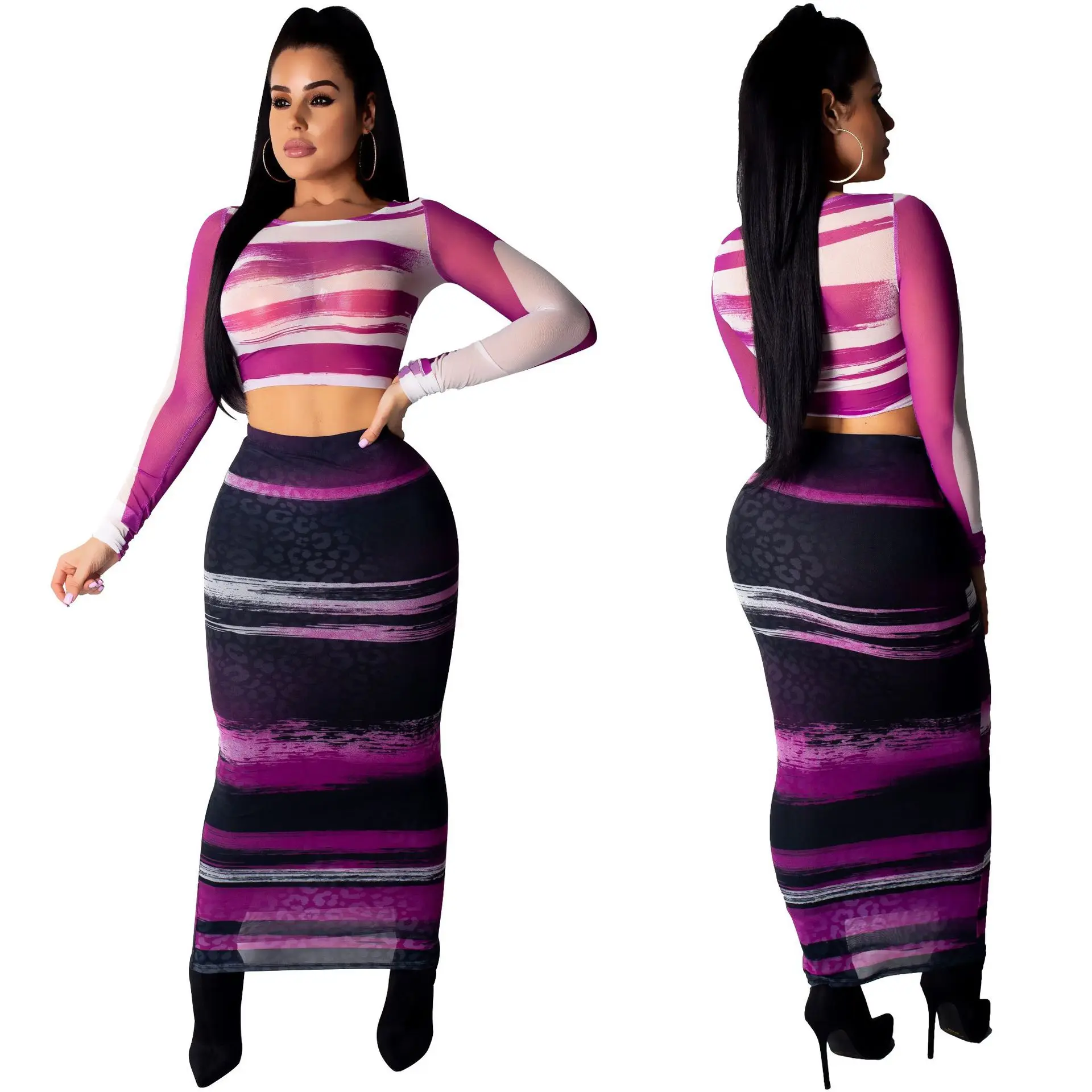 

S31002 2019 Women fashion mesh striped long sleeve crop top and long skirt set, N/a