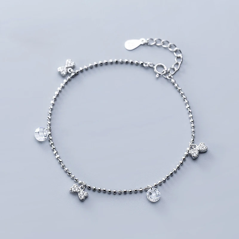 

925 Sterling Silver Beads Chain Bracelets Rhinestone Bowknot Charm Bracelets Jewelry