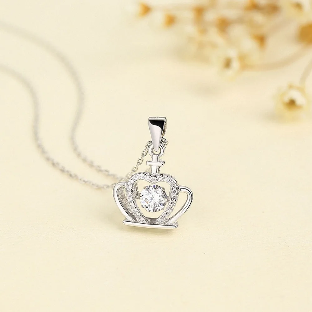 

925 Sterling Silver Classic Small Crown Necklace Pendant Queen Hollow Crown CZ Crystal Necklace Pendant, White