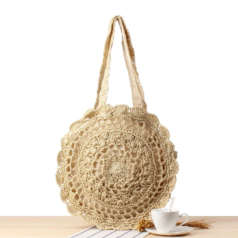 

Fashion Summer Handmade Flower Straw Beach Bag Raffia Round Straw Bag Tote Bag, Beige/dark brown/light brown/white