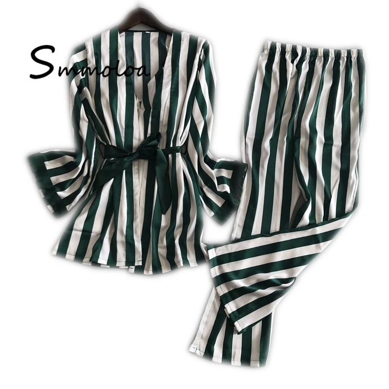 

Smmoloa Wholesale Fashion Ladies Long-sleeve Pajamas Silk Striped Pijamas Set, As picture