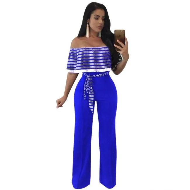 

MOQ 1 PCS 2019 Summer Fashion Striped Printed Long Jumpsuit Sexy Ruffles Off Shoulder Waist Belt Bodysuits Plus Size