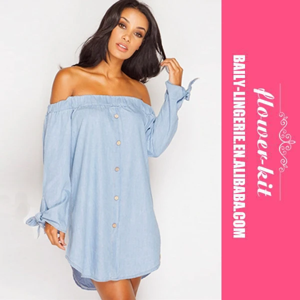 

Wholesale Women Summer Off Shoulder Sexy Denim Buttoned Dress, As shown