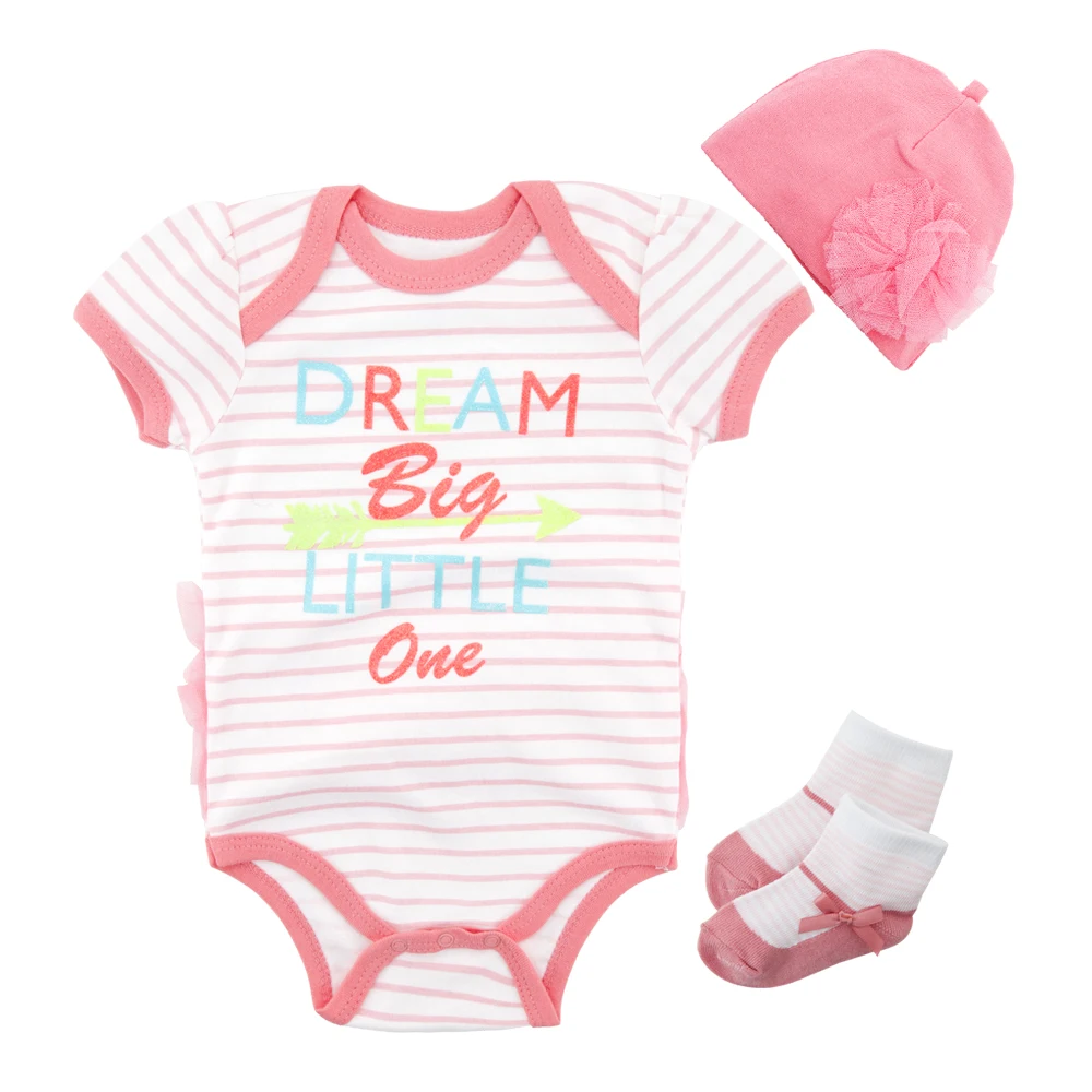 

Wholesale 3 pcs/lot Baby Girl Clothes Set Short Sleeve Cotton Bodysuit+Shoes+Hat, As picture