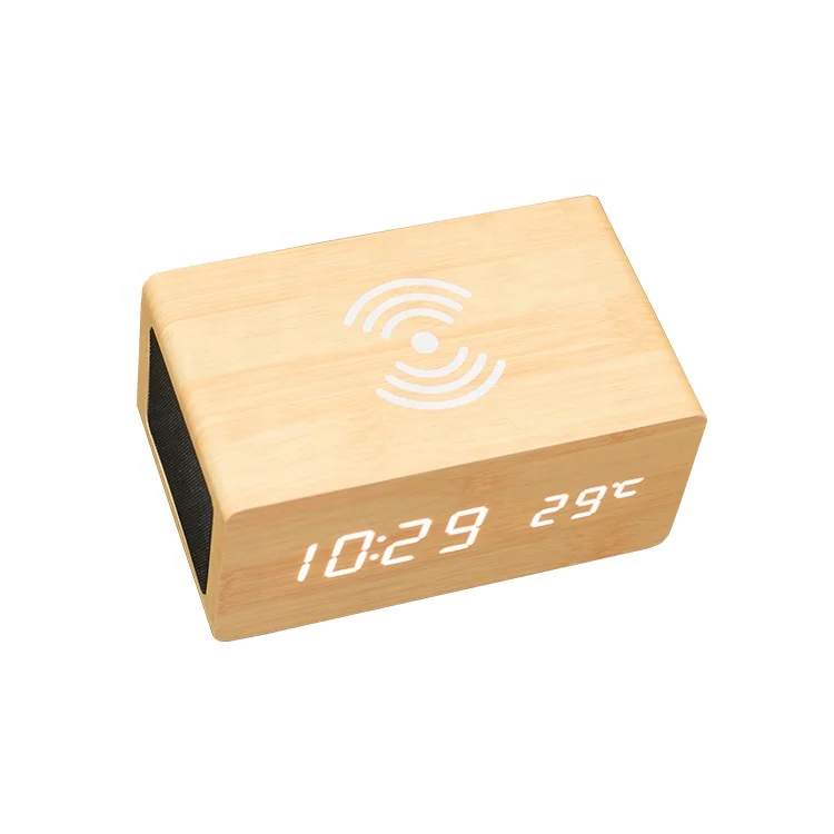 Hot sale Mobile phone QI wireless charging Bluetooth speaker desktop led wooden alarm clocks with temperature RED display