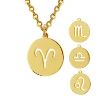 

Custom Initial Letter Engraved Necklace Zodiac Horoscope Gold Disc Necklace