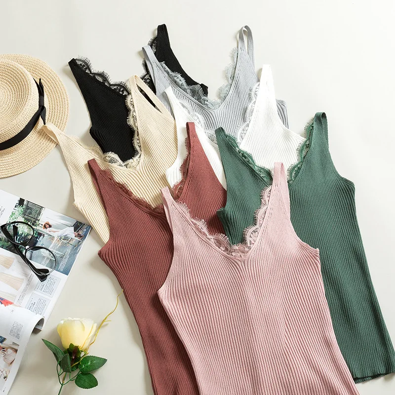 

New Hook Flower Lace women Stitching V-neck T Shirt Top Women's Sleeveless Knitted Vest Tank Tops, White, pink, grey, green, black, coffee, apricot