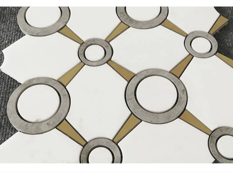 New Arrival White Thassos Marble and Brass Tile Waterjet Mosaic