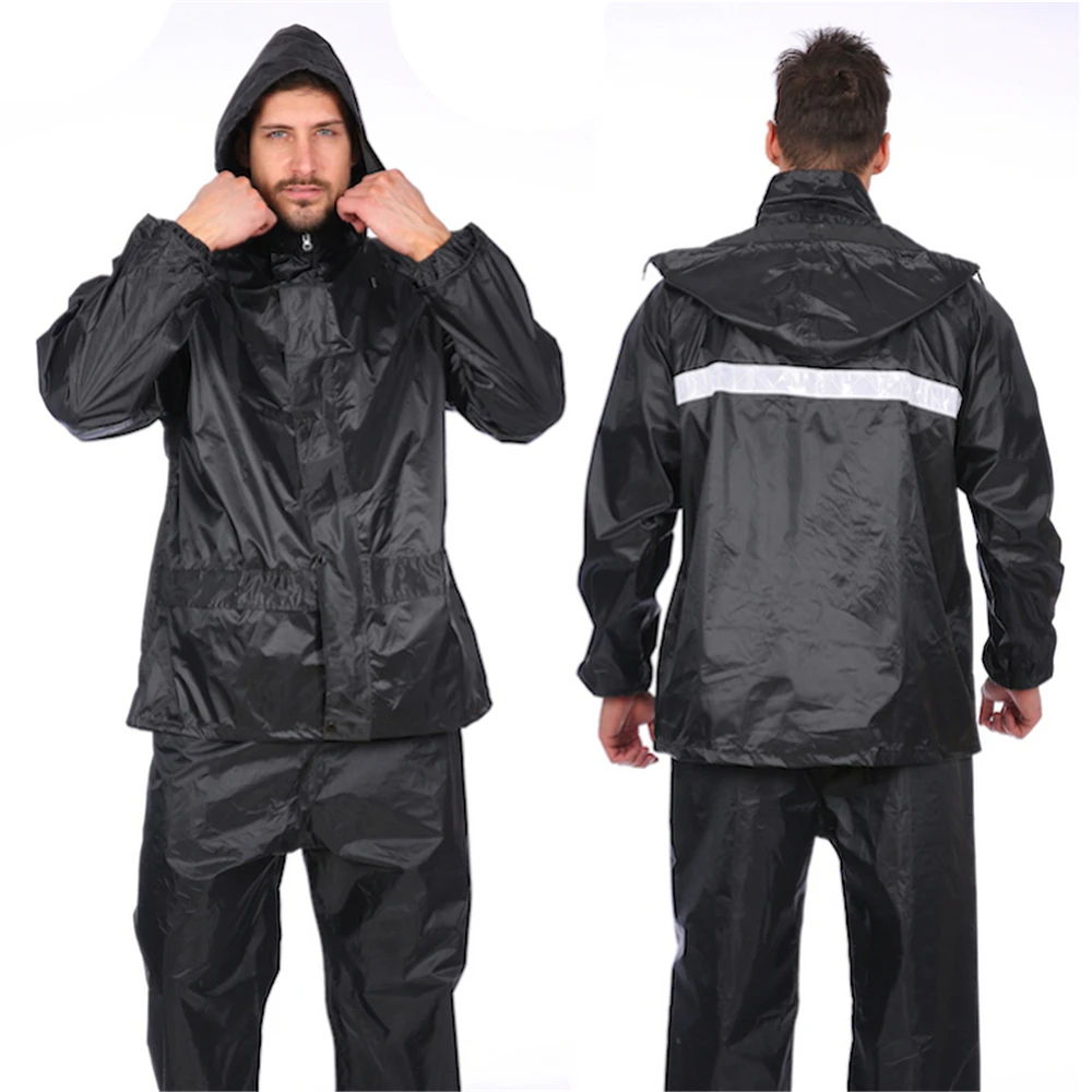 

100% Polyester PVC Waterproof Rain Jacket with Pant Bib Hooded Raincoat Black Rain Suit wholesale for Fishing golf equipment