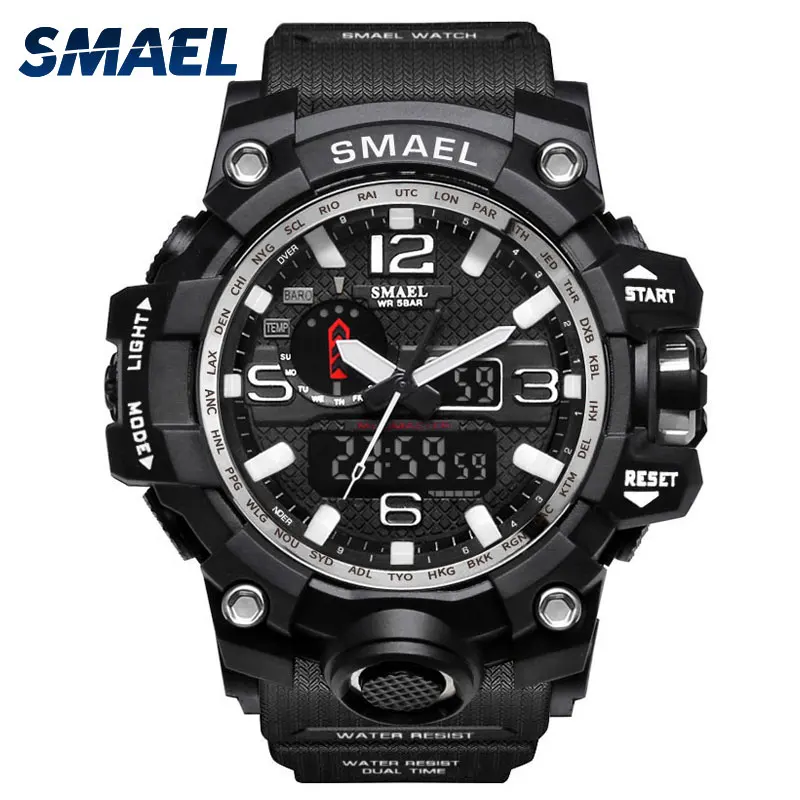 

SMAEL Men Fashion Big Dial Sport Watch Back Light Water Resistant Watch Quartz Digital Dual Time Clock Wrist Watch