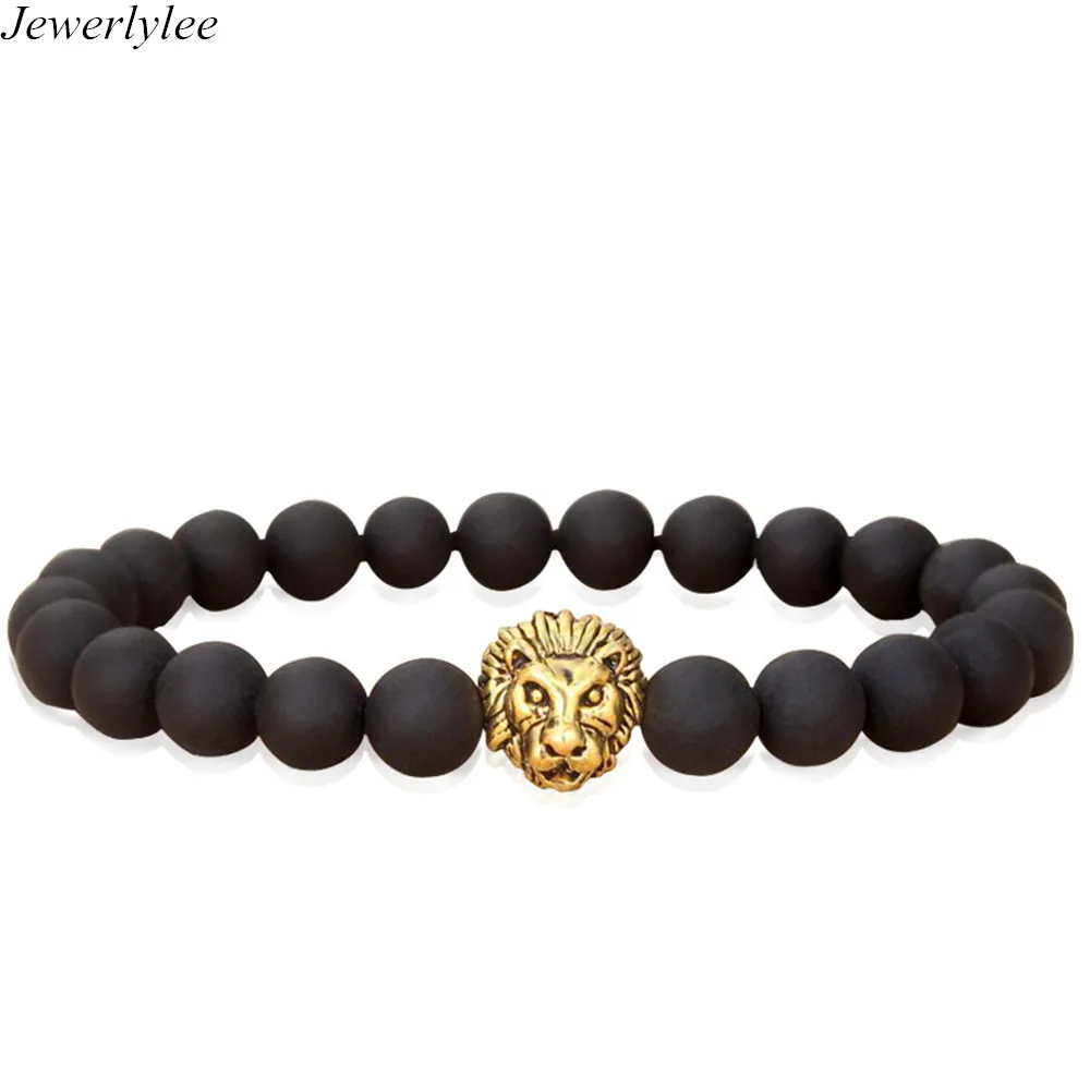

New Fashion Cheap Lion Natural Stone Lava Beads Charm Elasticity Matte bracelet, Black