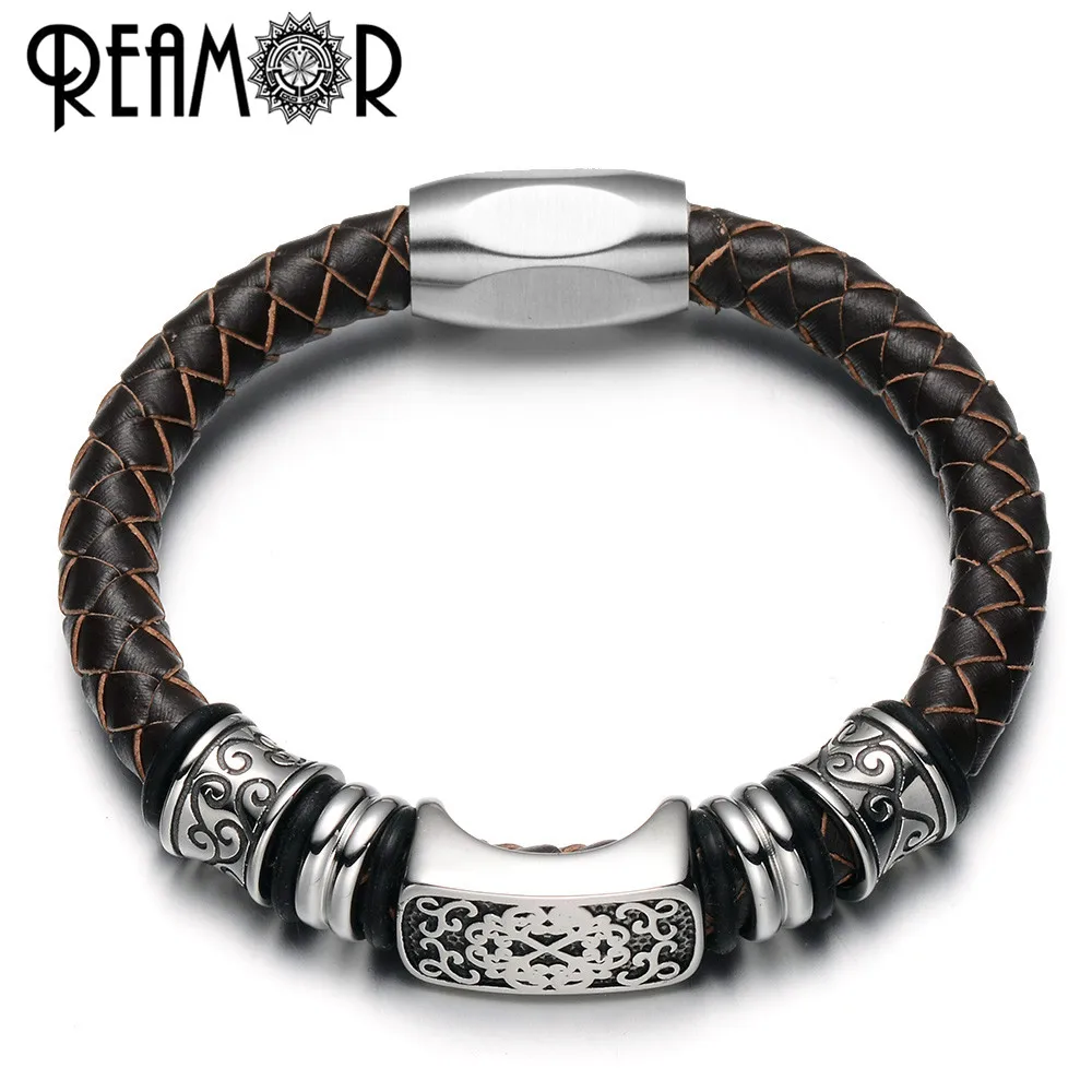 

REAMOR 316L Stainless Steel Fashion Charms Beads Bangles 17-21 cm Men Bracelets 8 mm Genuine Leather with Magnet Clasp Bracelet