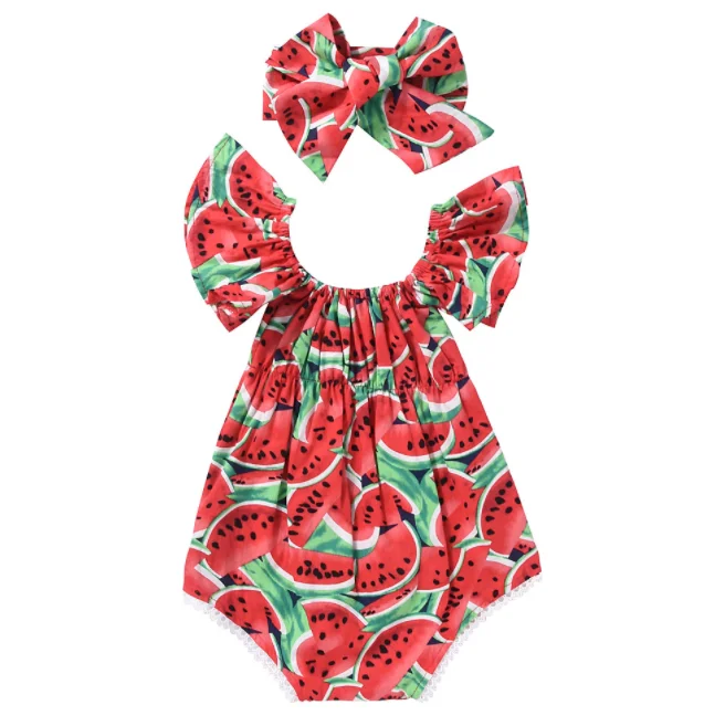 

2019 New Style Summer Baby Ruffle Sleeve Clothes Girl Lace Watermelon Romper With Hairband, Like picture