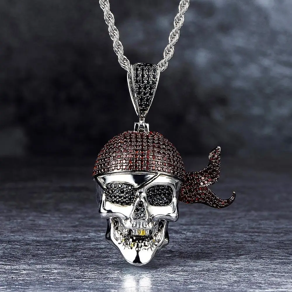 

KRKC&CO Iced Out Mens Skull With Red Ribbon Pendant Hip Hop Jewelry for amazon/ebay/wish online store for Wholesale