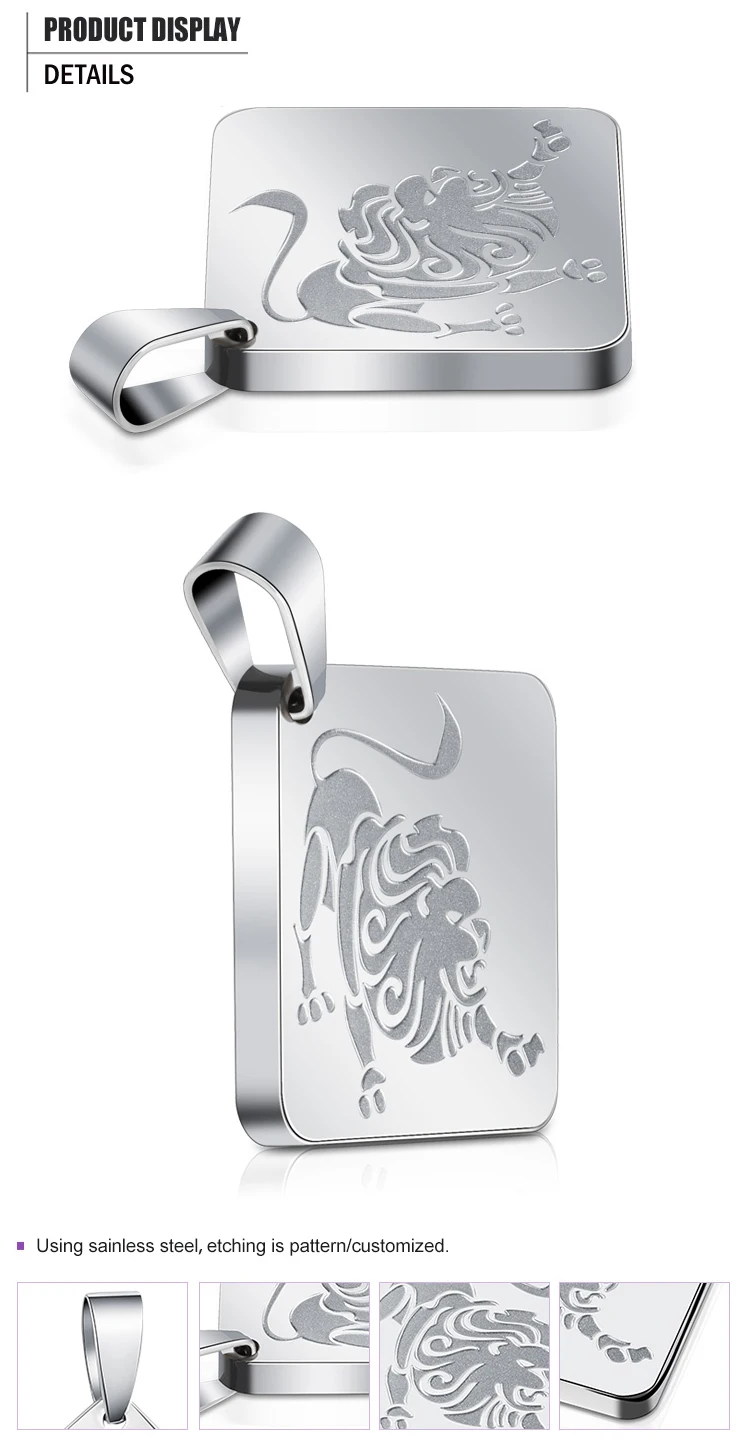 Square shape stainless steel custom engraved lion pendants