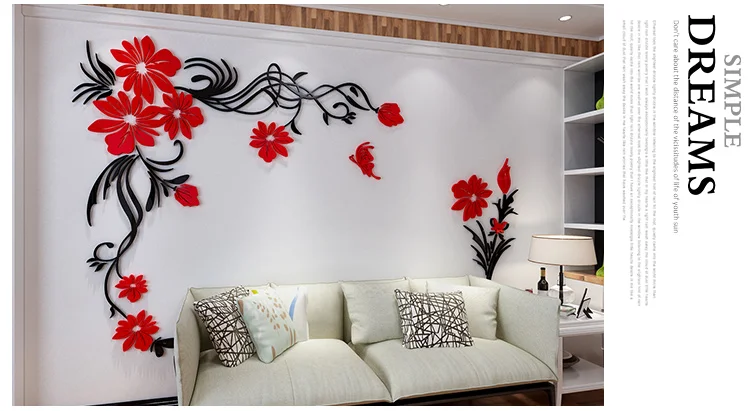 Yusylvia 5PCS Flower Mirror Flower Pattern Wall Sticker 3D Home Decoration Wall Art DIY Wall Stickers red 