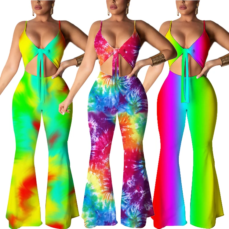 

New Design V Neck Hollow Sling Colorful Wide Leg Women One Piece Sexy Jumpsuit, Shown