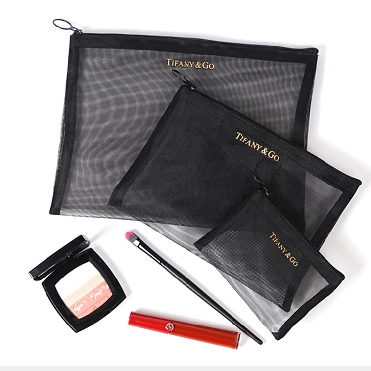 

Wholesale fashion custom Nylon Mesh travel geometric small makeup bag cosmetic, Balck