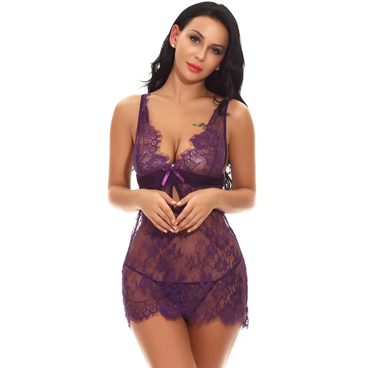 

Latest Design In Bulk Tempting Purple Transparent Lace Lingerie Sexy Babydoll